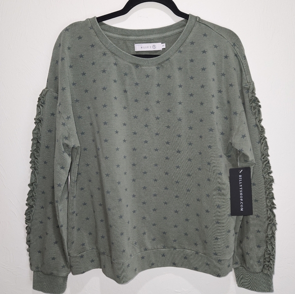 NWT! Billy T Shop Sweatshirt Women's Small Green Favorite Army Star Ruffle NEW - Picture 2 of 16